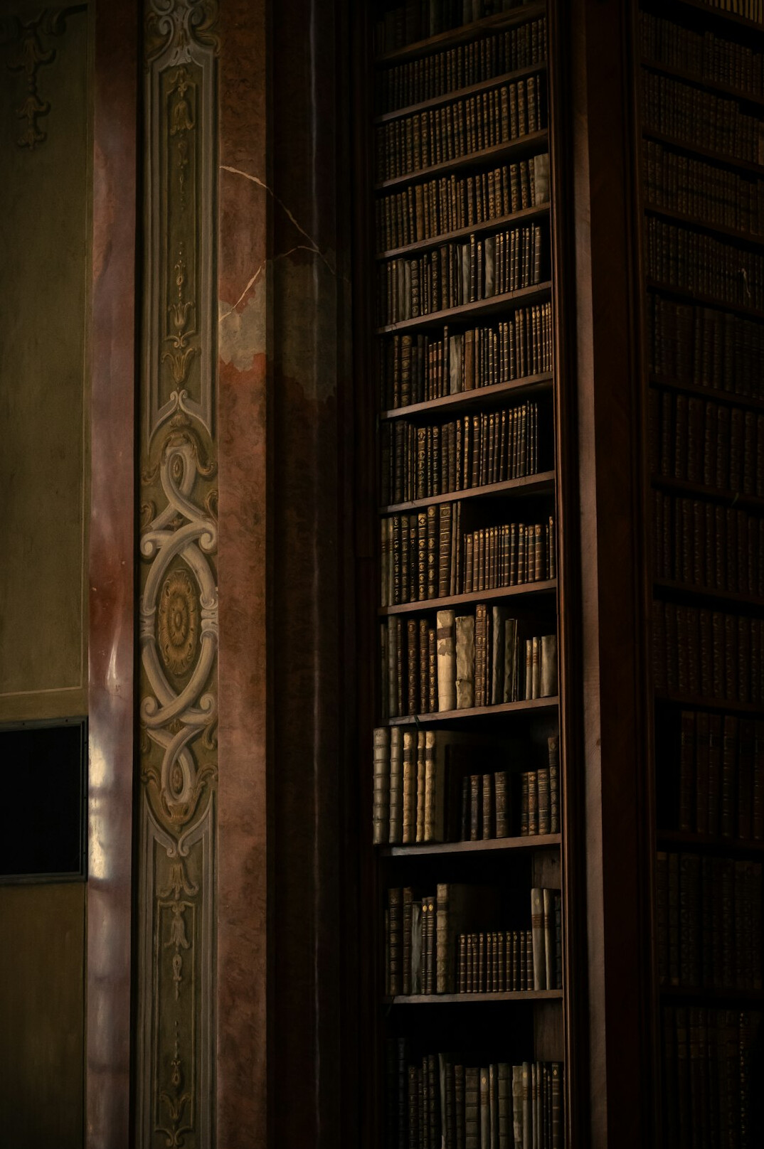 Old library shelves filled with books in warm light